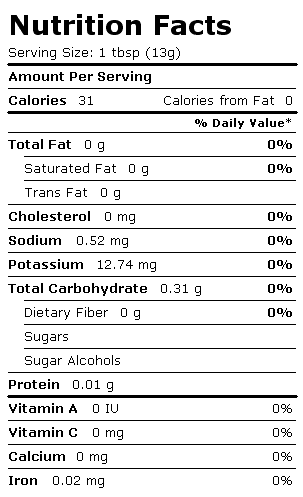 Nutrition Facts Label for Vanilla Extract, Imitation, Alcohol