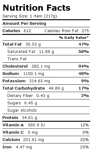 Nutrition Facts Label for Bagel, with Breakfast Steak, Egg, Cheese, and Condiments