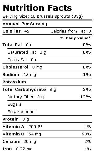 Nutrition Facts Label for Birds Eye Brussels Sprouts