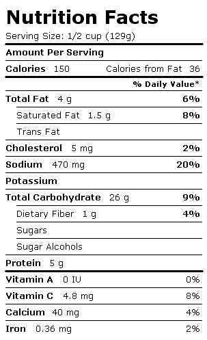 Nutrition Facts Label for Birds Eye Sweet Corn & Bacon in a Creamy Cheese Sauce