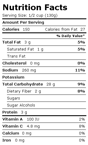 Nutrition Facts Label for Birds Eye Sweet Corn & Butter Sauce