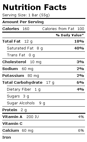 Nutrition Facts Label for Blue Bunny Sweet Freedom Bars, no Sugar Added, Reduced Fat, Supremes Turtle