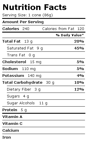 Nutrition Facts Label for Blue Bunny Sweet Freedom Cones, no Sugar Added, Reduced Fat, Vanilla Sundae