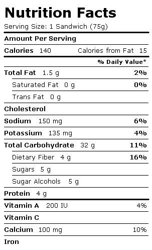 Nutrition Facts Label for Blue Bunny Sweet Freedom Sandwiches, no Sugar Added, Reduced Fat, Lowfat Vanilla Ice Cream Sandwich
