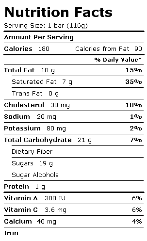 Nutrition Facts Label for Blue Bunny Frozfruit On-the-Go Bars, Creamy Pina Colada