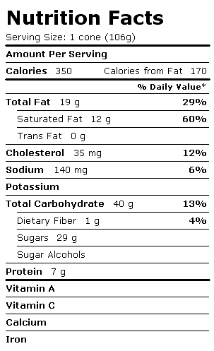 Nutrition Facts Label for Blue Bunny On-the-Go Cones, Champ the Champ Caramel