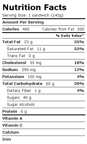 Nutrition Facts Label for Blue Bunny On-the-Go Sandwiches, Big Bopper Sandwich