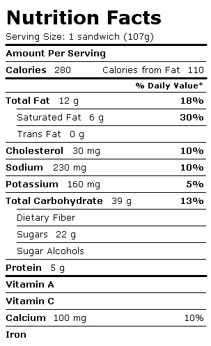 Nutrition Facts Label for Blue Bunny On-the-Go Sandwiches, Big Mississippi Mud Sandwich
