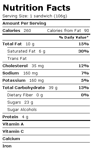 Nutrition Facts Label for Blue Bunny On-the-Go Sandwiches, Big Vanilla Ice Cream Sandwich