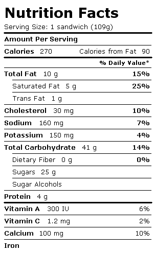Nutrition Facts Label for Blue Bunny On-the-Go Sandwiches, Big Double Strawberry Ice Cream Sandwich