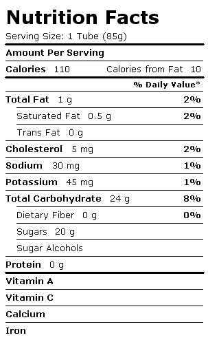 Nutrition Facts Label for Blue Bunny On-the-Go Kids' Treats, Cool Tubes Orange Sherbet