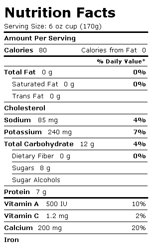 Nutrition Facts Label for Blue Bunny Yogurt, Light, no Sugar Added, Blueberry Bliss