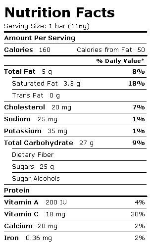 Nutrition Facts Label for Blue Bunny Frozfruit Bars, Strawberries & Cream Bars