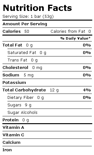 Nutrition Facts Label for Blue Bunny Bars, Lemonade Bomb Pop
