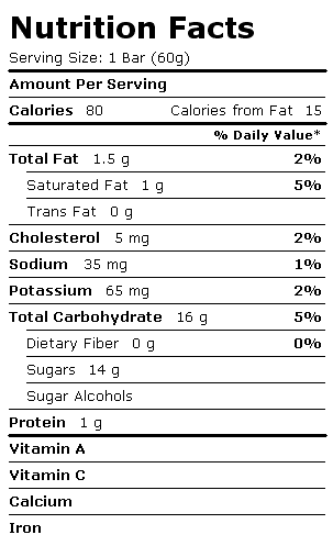 Nutrition Facts Label for Blue Bunny Bars, Orange Dream Bars