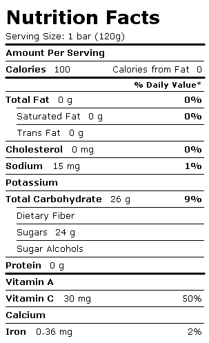 Nutrition Facts Label for Blue Bunny Frozfruit Bar, Fat Free, Chunky Strawberry