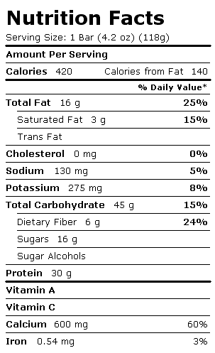 Nutrition Facts Label for Chef Jays Tri O Plex, Peanut Butter Chocolate Chip