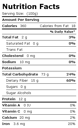 Nutrition Facts Label for Dan D Pack Barley, Barley Flakes