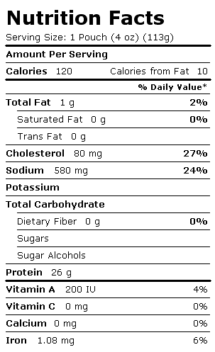 Nutrition Facts Label for Bumble Bee Prime Fillet, Chicken Breast, with Southwest Seasonings