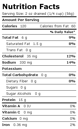 Nutrition Facts Label for Bumble Bee Tuna, Solid Light, Tonno in Olive Oil