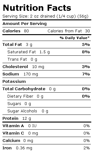Nutrition Facts Label for Bumble Bee Prime Fillet, Atlantic Salmon