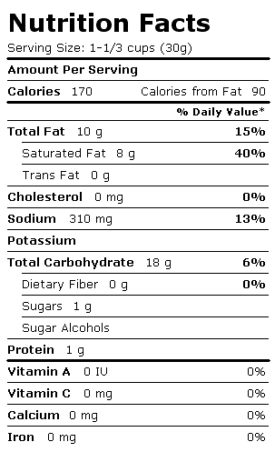 Nutrition Facts Label for Bugles Corn Snacks, Southwest Ranch