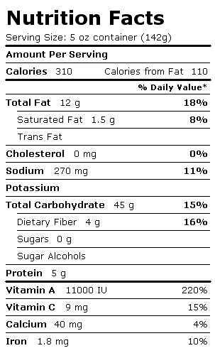 Nutrition Facts Label for Aunt Trudy's Organic Roasted Sweet Potato