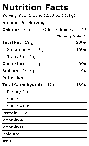 Nutrition Facts Label for Culver's Frozen Custard, Waffle Cone Only, Chocolate Dipped w/Sprinkles
